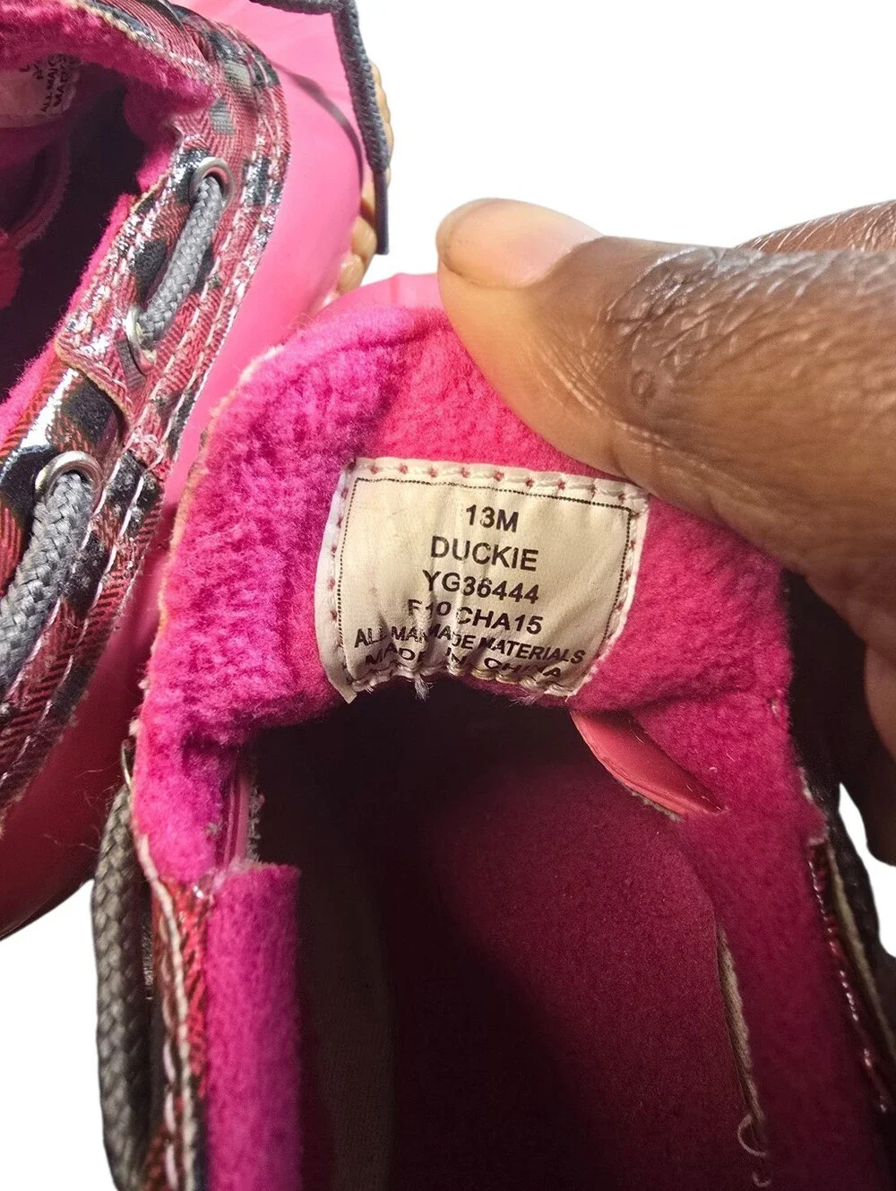 Sperry Girls Saltwater Duckie Boots Red Plaid Pattern Pink Bottom Sz.13